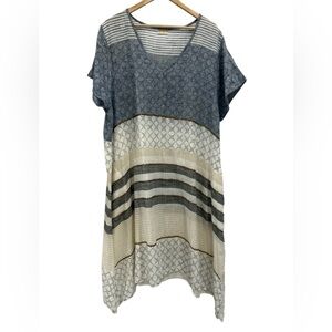 Lula Soul Cotton Blue Cream Stripe Geometric Print Flowy Kaftan Dress - 2X